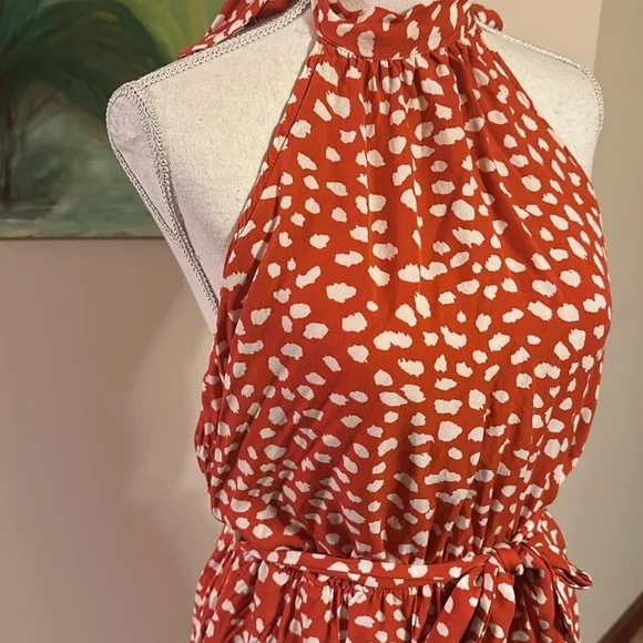 +Women's Halter Neck Dress in Red-Orange and White - Picture 2 of 8